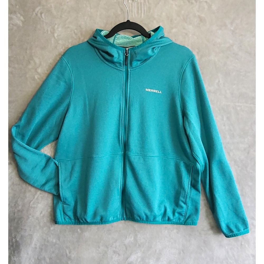 Merrell Teal Full Zip Hoodie Womens XL Logo Hooded Pockets Waffle Interior